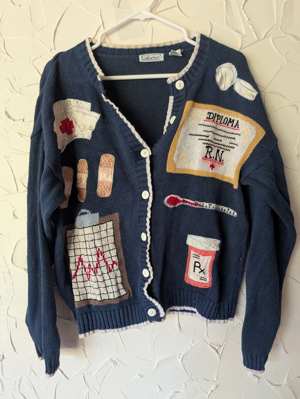 Vintage Gallagher Navy Registered Nurse Cardigan Sweater Size large